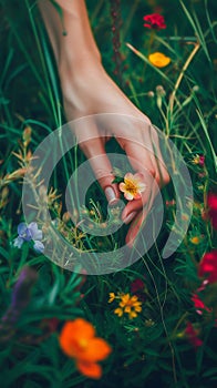 Gentle Touch Amidst Vibrant Wildflowers. Generative ai