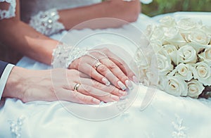The gentle touch of hands of newlyweds
