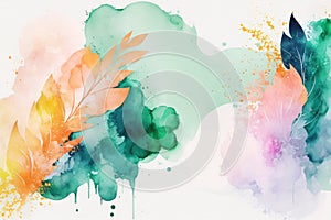 Gentle watercolor background with abstract leaves and pastel colors in contrast, blots of paint.