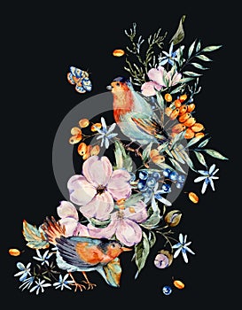 Gentle watercolor bouquet with pair of birds, pink, light blue flowers, blue and orange berries, twigs, leaves, buds