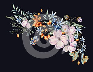 Gentle watercolor bouquet with pink, light blue flowers, blue and orange berries, twigs, leaves, buds