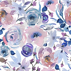 Gentle Watercolor Floral Seamless Pattern in a La Prima Style, Pink Watercolor Roses photo