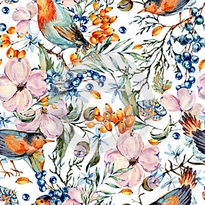Gentle watercolor seamless pattern with pair of birds, pink, flowers, blue and orange berries