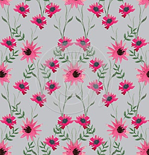 Gentle watercolor seamless pattern from the pink flowers on a light gray background. photo