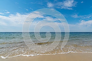 Gentle waves on an empty sandy beach with a calm ocean photo