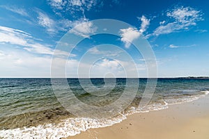 Gentle waves on an empty sandy beach with a calm ocean photo