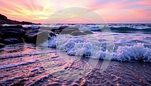 gentle waves lap against a rocky shoreline under a pastel sunset sky, scattered seashells and seaweed add texture photo