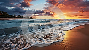 Gentle waves roll onto a sandy beach, creating a soothing rhythmic sound. The sun shines brightly in the blue sky above