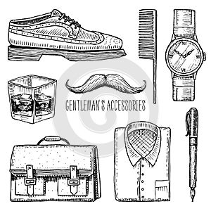 Gentleman accessories. hipster or businessman, victorian era. engraved hand drawn vintage. brogues and fountain pen photo