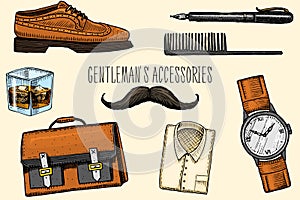 Gentleman accessories. hipster or businessman, victorian era. engraved hand drawn vintage. brogues and fountain pen photo
