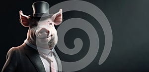 Gentleman, the boss is a fat pig, a piglet in a hat, suit and tie. Banner header. AI generated.