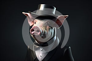 Gentleman, the boss is a fat pig, a piglet in a hat, suit and tie. Banner header. AI generated