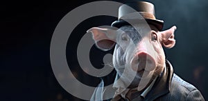 Gentleman, the boss is a fat pig, a piglet in a hat, suit and tie. Banner header. AI generated