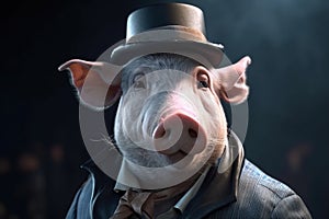 Gentleman, the boss is a fat pig, a piglet in a hat, suit and tie. Banner header. AI generated