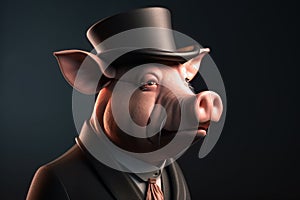 Gentleman, the boss is a fat pig, a piglet in a hat, suit and tie. Banner header. AI generated