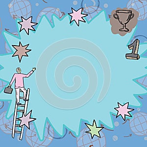 Gentleman Climbing Up Ladder Trying To Reach Stars And Big Goals. Man With Briefcase For Papers Running Upwards Big