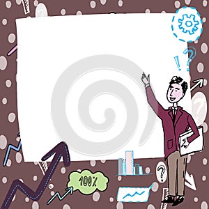 Gentleman Drawing Standing Pointing Finger In Blank Whiteboard. Man Design Stands Points Hand Empty Board Showing New