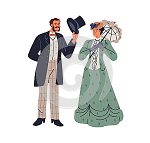 Gentleman and lady dressed in 18th and 19th century clothes. Aristocrats, noble people in historic victorian era