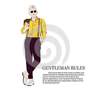 Gentleman look Vector illustration. Cool business elegant outfit Boss wearing smart street style clothes fashion sketch