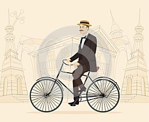 Gentleman on retro vintage old bicycle on old city background