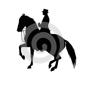 Gentleman Riding Horse, Man in Vintage Style Clothes Sitting on Horse black and white Vector Illustration