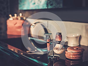 Gentleman's accessories in a Luxury bathroom interior.