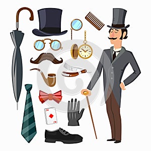 Gentleman`s supply set. Hat, umbrella, gentleman, tie, glove, man etc. Vector cartoon illustration