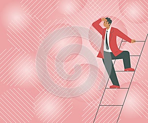 Gentleman In Suit Standing Ladder Searching Latest Plan Ideas Successfully Accomplishing Goals. Man Climbing Stairs