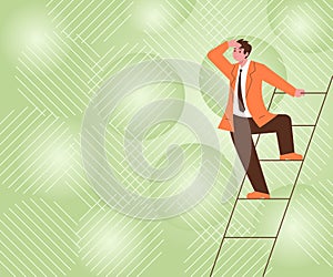 Gentleman In Suit Standing Ladder Searching Latest Plan Ideas Successfully Accomplishing Goals. Man Climbing Stairs