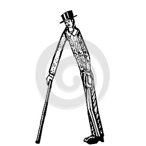 Gentleman in top hat, holds a cane in hand hand drawn vector illustration in vintage