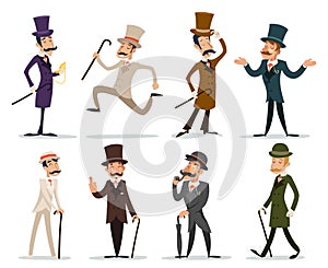 Gentleman Victorian Business Cartoon Character Icon Set English Background Retro Vintage Great Britain Design