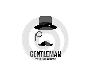 Gentleman vintage head elements set logo design. Black tophat, glasses, moustache, classic accessories. Realistic retro male