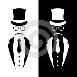 Gentleman wearing suit, retro hat, bow and glasses. Retro Tuxedo emblem.