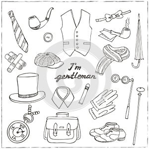 Gentlemans vintage accessories doodle set.