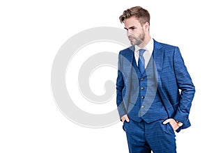 Gentlemens outfitters style for dapper gents. Manager in suit isolated on white. Gentlemens tailor photo