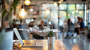 A gently defocused background captures a serene corner of the coworking space where individuals can be seen working