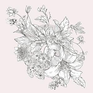 Gently vintage floral illustration. Botanical flowers. Regency greeting card