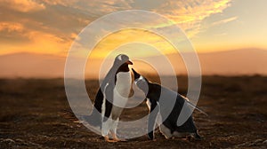 Gentoo penguin chick asking for food at sunset