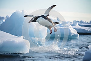 Gentoo penguin on the ice floe, Antarctic Peninsula, Adelie penguin jumping between two ice floes, AI Generated