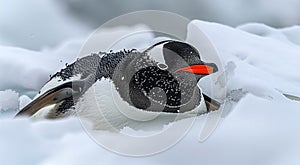 Gentoo Penguin Nestles In The Snow, Its Striking Black And White Plumage And Vivid Orange Beak