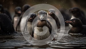 Gentoo penguin waddling on ice, looking at camera, standing still generated by AI