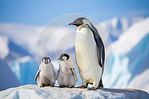 Gentoo penguins and chick on the ice floe in Antarctica, A family of penguins waddling over an icy terrain, AI Generated