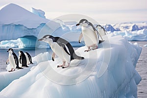 Gentoo penguins on ice floe, Antarctic Peninsula, Antarctica, chinstrap penguins, Pygoscelis antarctica, on an iceberg off the