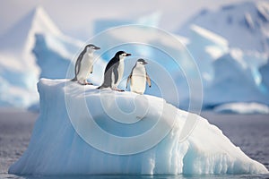 Gentoo penguins on ice floe, Antarctic Peninsula, Antarctica, Chinstrap penguins, Pygoscelis antarctica, on an iceberg off the