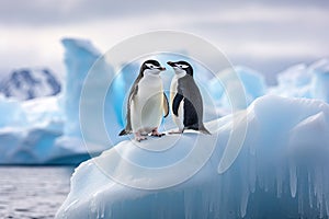 Gentoo penguins on iceberg, Antarctic Peninsula, Antarctica, chinstrap penguins, Pygoscelis antarctica, on an iceberg off the