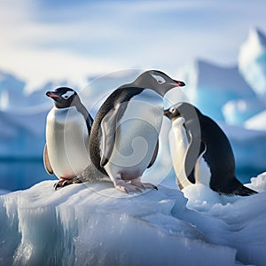 Gentoo penguins on iceberg in Antarctica, Chinstrap penguins nearby