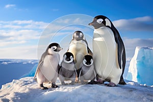 Gentoo penguins Pygoscelis papua on the ice floe, A family of penguins waddling over an icy terrain, AI Generated
