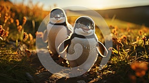 Gentoo penguins walking on the ground at sunset