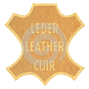 Genuine all natural leather badge label tag, multilingual isolated English, French FR cuir, German DE Leder golden printed