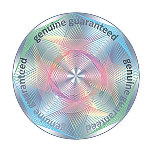 Genuine guaranteed round hologram metallic raibow sticker. Vector element for product quality guarantee